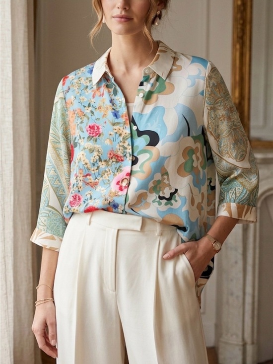 Rose + Olive Tops - Rose + Olive Mixed Floral Abstract Print Button Down Blouse Blue Tan 3/4 Sleeve